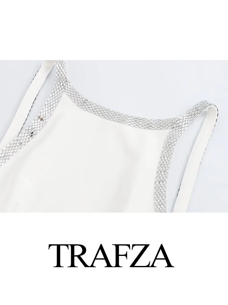 TRAFZA Woman Slim Party Short Dresses Women Summer Fashion Jewelry Decoration Sexy Sleeveless Backless White Mini Dress Mujer