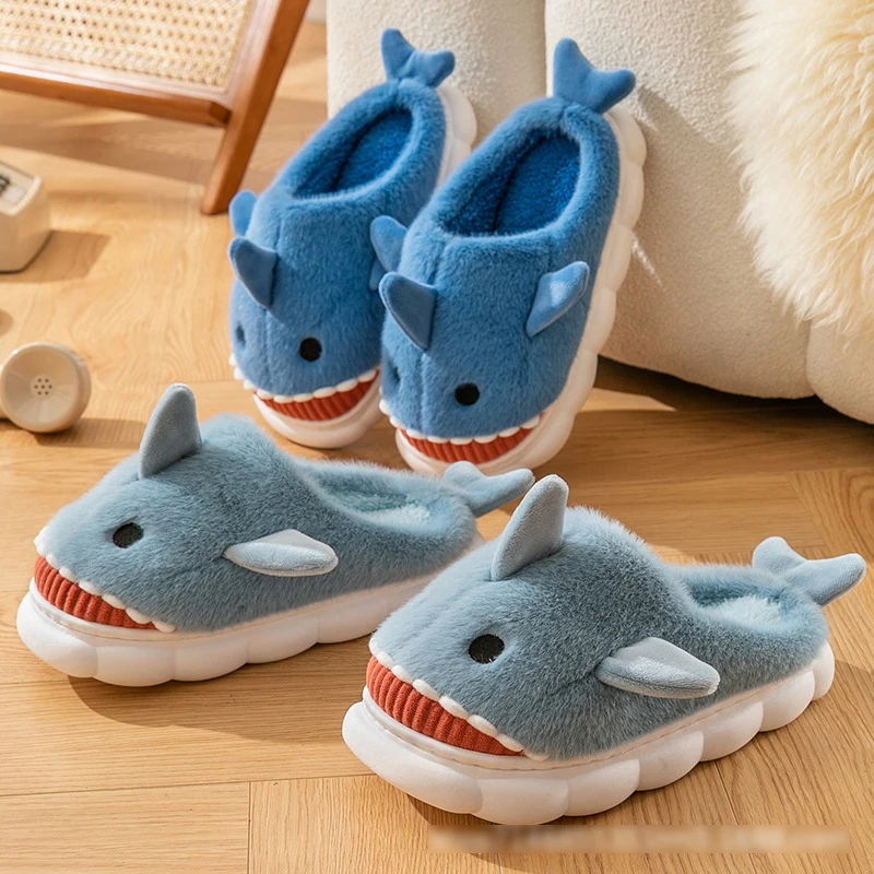 2023 New Shark Cotton Slippers Men's and Women's Cartoon Animal Home Shoes Winter Padded Warm Thickened Flat Slippers Warm Shoes