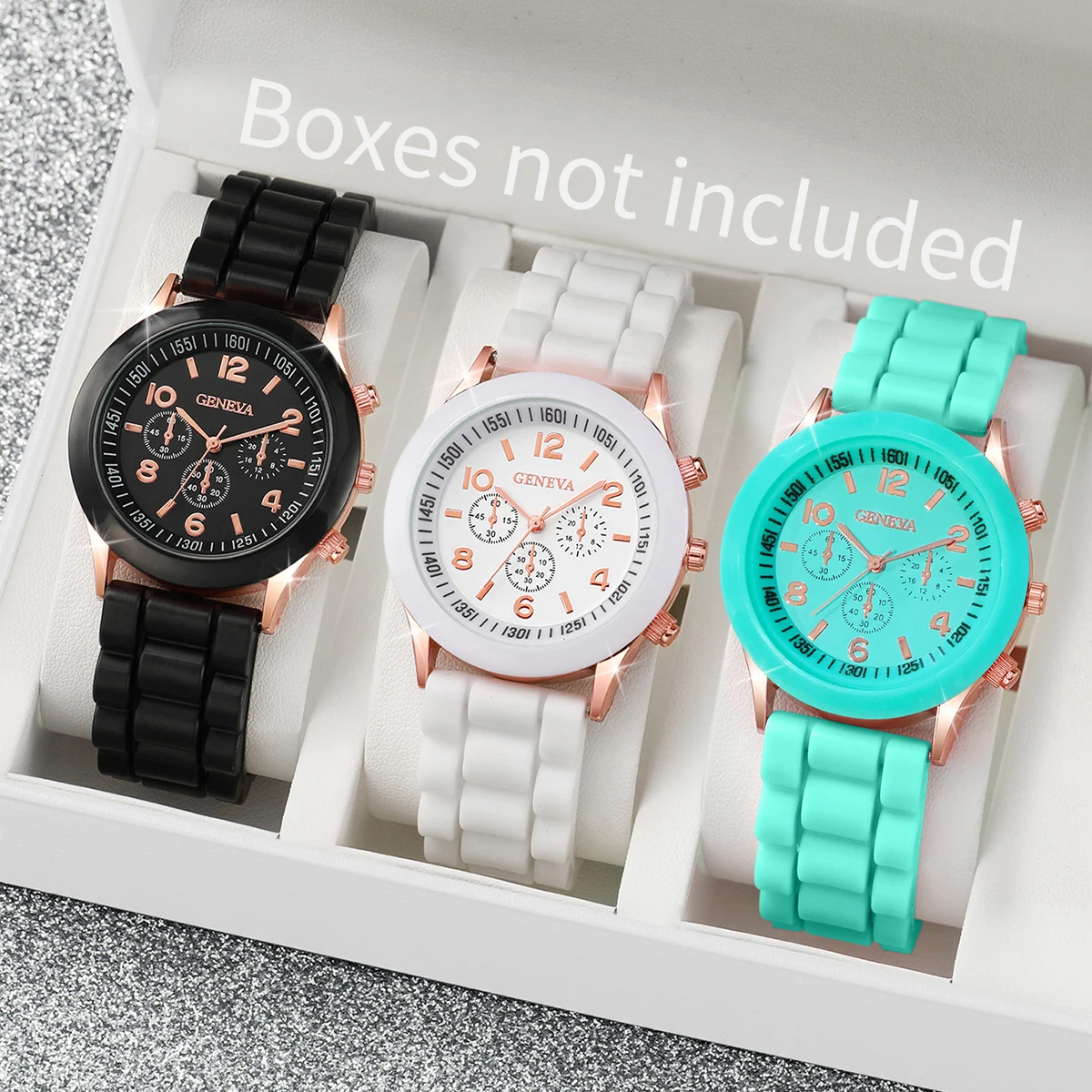 3PCs/Set Women\'s Candy Color Watch Fashion Silicone Quartz Watch Black and White Green Jewelry Set