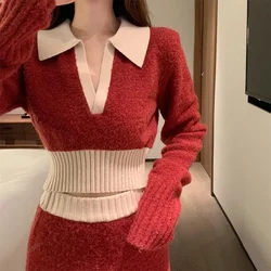 Retro Top Red Pullover Sweater 2 Piece Sets Womens Outfits High Waist A Line Knit Skirts Dress Suit 2025 New Club Party