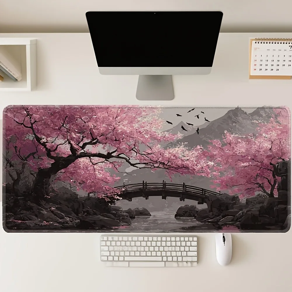 CIFBUY Mouse Pad Large Gaming Mat Non Slip Rubber Cherry Blossom Bridge Birds Landscape Desk Protector Laptop Office Computer