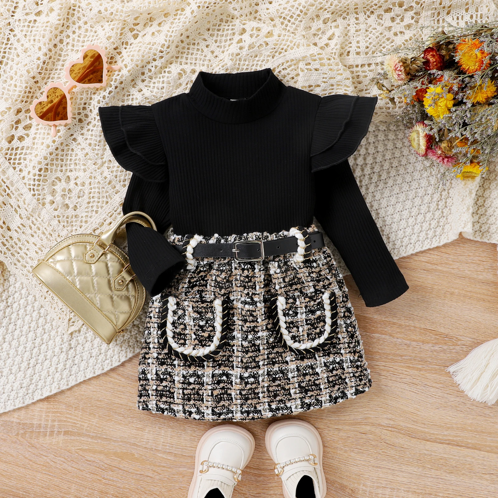 3Pcs Kids Baby Girls Outfit Long Sleeve Semi-high Collar T-shirt with Mini Skirt and Belt Set Fall Fashion Clothes Set for Girl