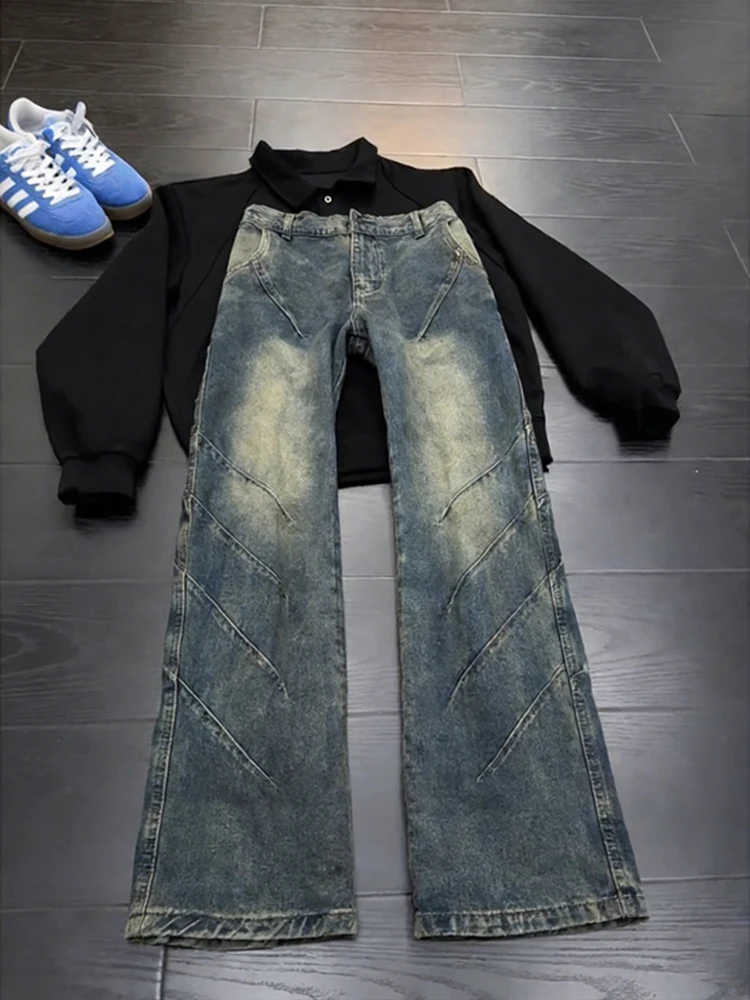 

Мужские джинсы Waed Vintage Blue Pleated: ретро-стиль, прямой крой, зауженные, повседневные, из денима