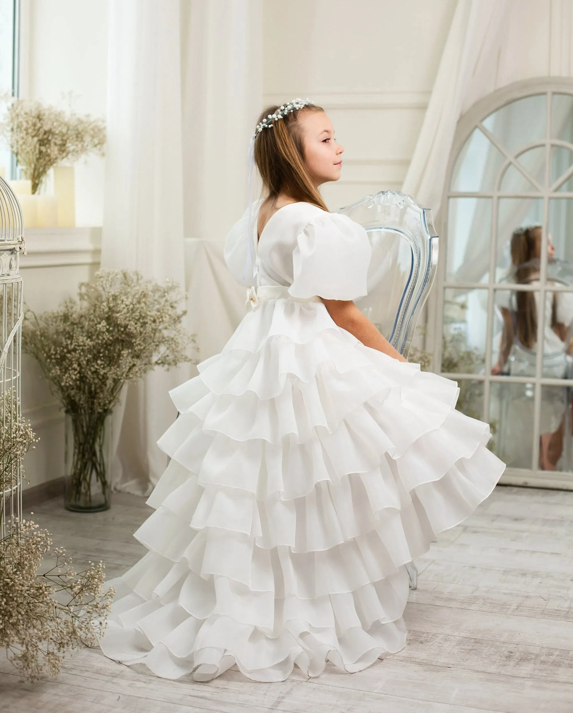 Girls white cascading ruffle flower girl dress square neck puff sleeves trailing long skirt wedding dress first communion formal
