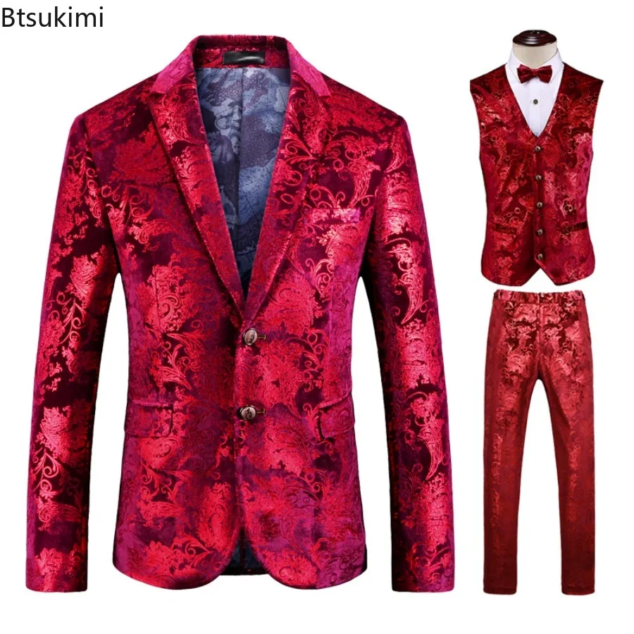 New Men's 3-piece Sets (Blazers+Vest+Pants ) European Style Trend Business Party Tuxedo Dress Outfits Stage Performance Clothes