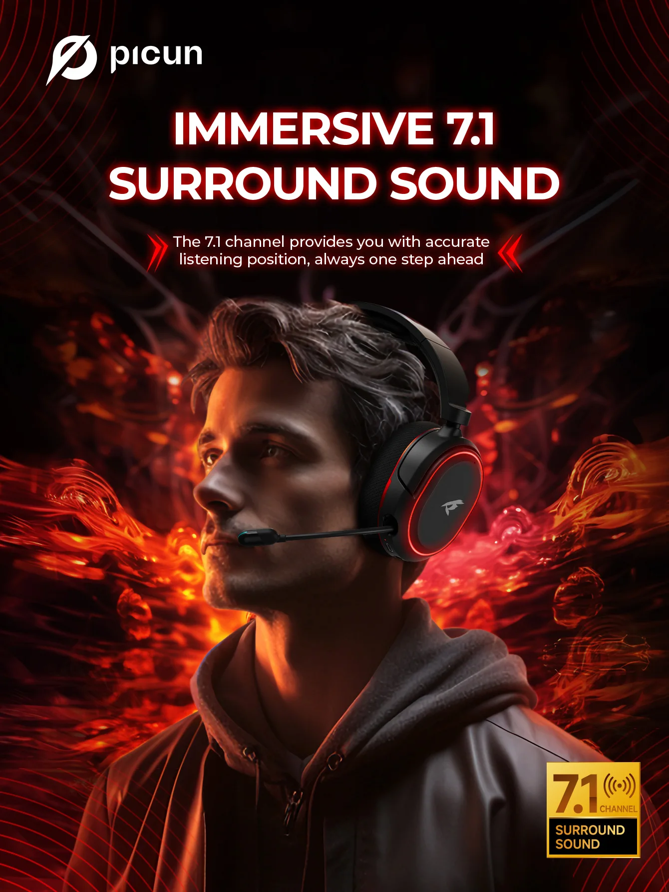 Picun G2 Wireless Gaming Headset Bluetooth 5.3 2,4G Kopfhörer 7.1 Surround 5ms ENC-Mikrofon mit geringer Latenz für PC PS4 PS5 Telefonschalter – Detail 1