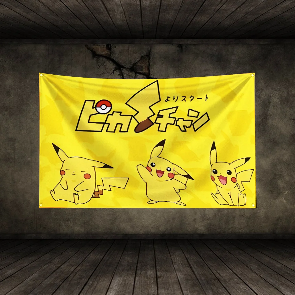 Anime Flag Polyester Digital Printing Banner 4 Sizes for Garage Wall Art Out Door Decoration Pikachus With Brass Grommets