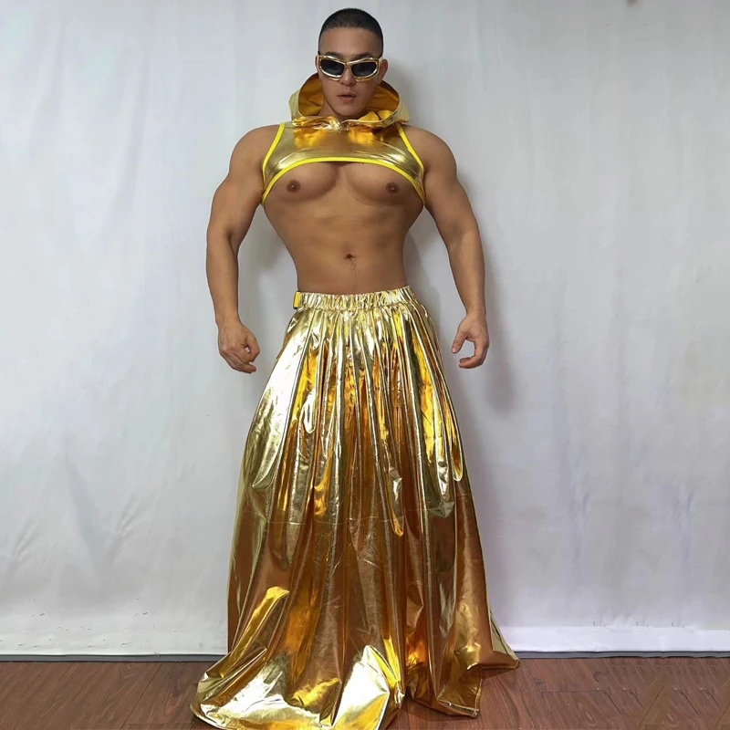 남성 섹시 폴댄스 의상 바 나이트클럽 DJ DS 고고 댄서 코스튬 골드 레이저 탑 스커트 머슬맨 재즈 레이브 의상 XS7635