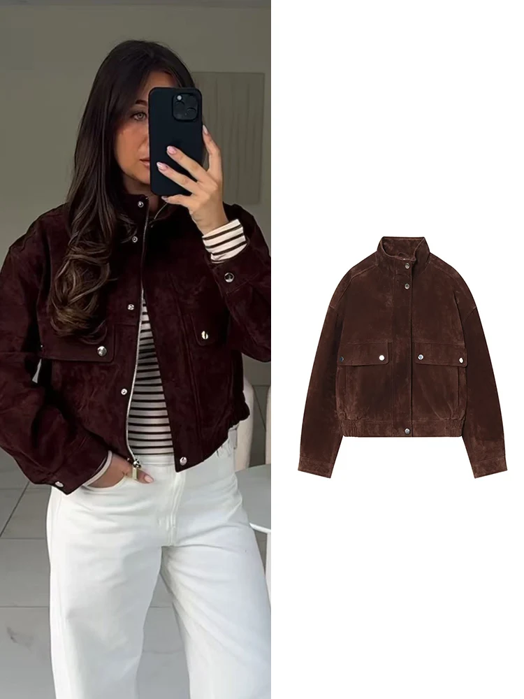 

Женская куртка-бомбер с накладными карманами спереди, на молнии с длинными рукавами, осень-зима, короткое пальто с воротником-стойкой, новинка 2025 года, модная верхняя одежда