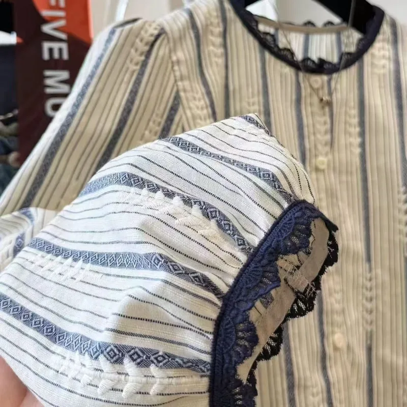 Women'S Long-Sleeved Shirt Fashionable Vintage Stripes French Style Autumn Ladies Clothes Lace Trim T-Shirts Y2k Cropped Tops