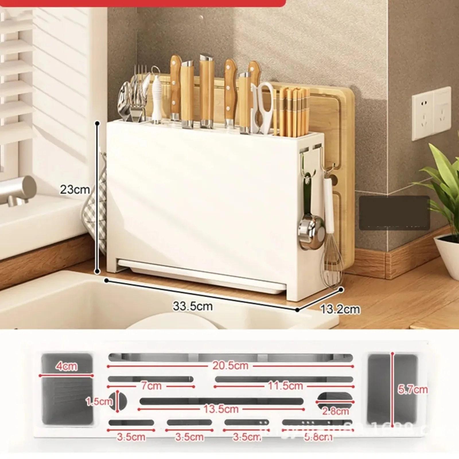 White Kitchen Knife Rack Holder with Chopsticks Storage Cutting Board Stand Compact Countertop Organizer for Small Home Kitchen