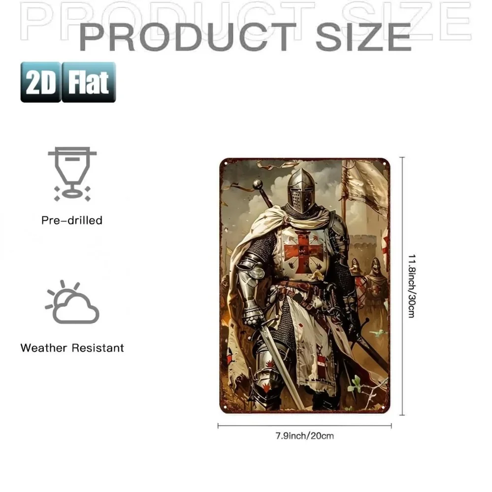 Panneau en métal décoratif Templar Knight Armor Sword Shield, 8x12 pouces, décoration murale pour chambre, bar, garage