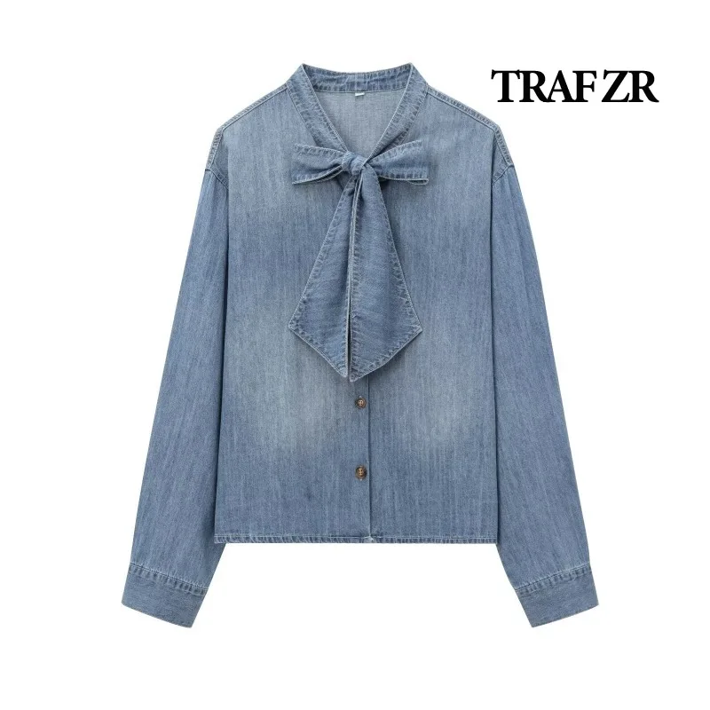 TRAF ZR Denim Blouses for Lady Autumn Women\'s Shirt Harajuku Fashion Ladies Tops Bow Lace-up Vintage Blouse Long Sleeve Shirt