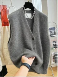 2025 New Women Versatile V-neck Sweater Vest Coat Female Fashion Sleeveless Knitted Cardigan Sweaters Vests Top