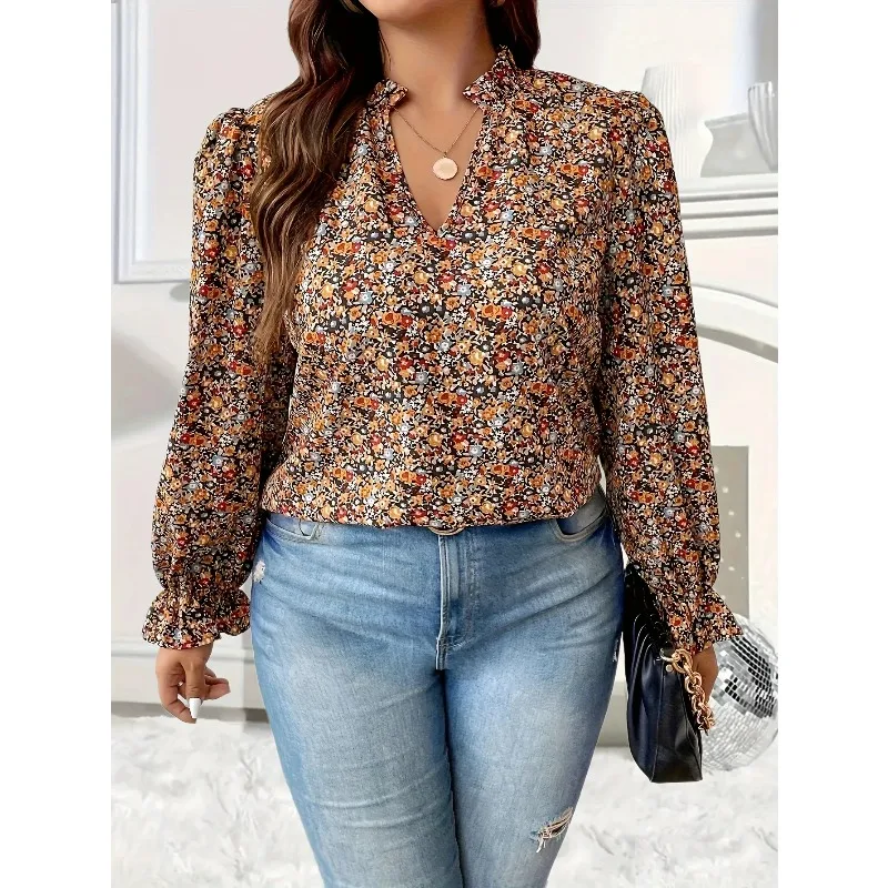 Plus Size 1XL-5XL Camicetta con maniche a balze con stampa floreale Ditsy casual delle nuove donne Camicia a maniche lunghe con scollo a V moda donna