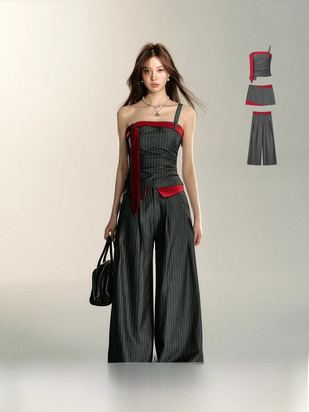 

7Shiftin Original Design Summer New Pure Desire Spicy Girl Style Casual Stripe Design Sense Three-piece Set Women