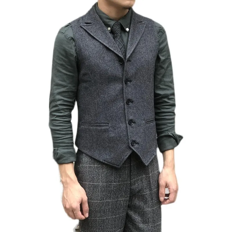 Autumn and Winter Herringbone Retro Vest Business Herringbone Pattern British Wool Gentleman's Vest Men's Khaki Style Vest