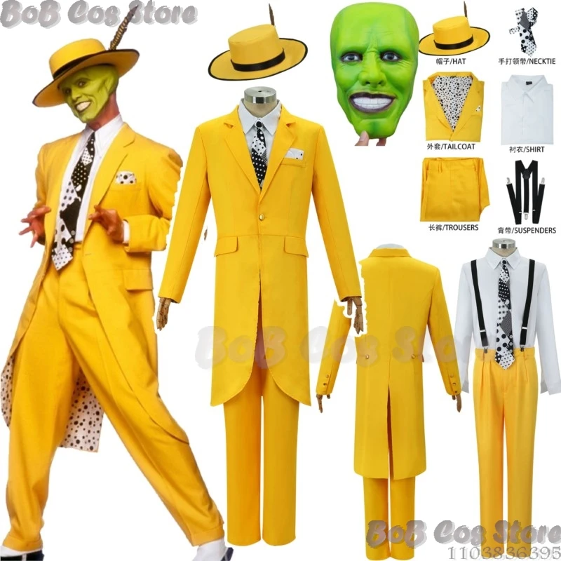 Jim Carry Movie Stanley Ipkiss Cosplay Costume Prop Green Mask Yellow Dress Men Uniform Suit Holloween Party Roleplay Customized