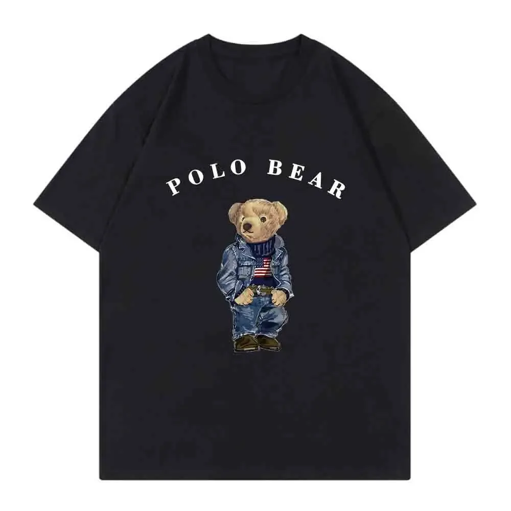 Korea Men\'s Oversized Cotton T-Shirt Luxury Bear Print Crew Neck Short Sleeve Solid Color Graphic T Shirts Harajuku Anime Tees