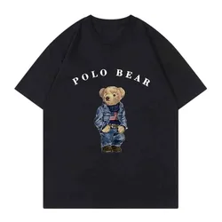 Korea Men's Oversized Cotton T-Shirt Luxury Bear Print Crew Neck Short Sleeve Solid Color Graphic T Shirts Harajuku Anime Tees