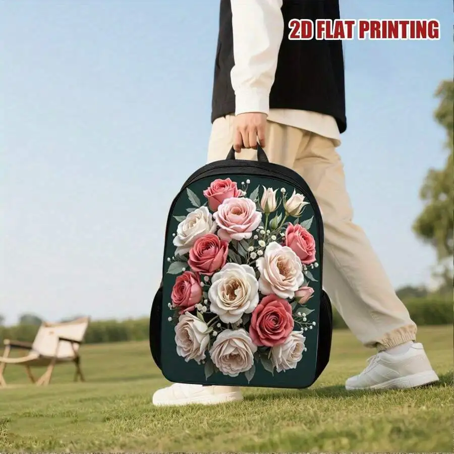 Mens Floral Rose Print Backpack Large Capacity Travel Bag Polyester Fashion Daily Commute