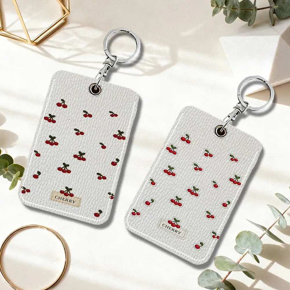 Sweet Cherry Cute Pattern PU Soft Leather Rectangular Keychain Card Holder, Badge Student ID Bus Elevator Card Protector