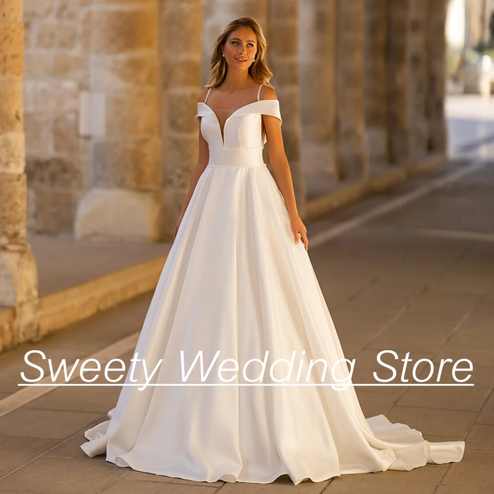 

Elegant Satin Wedding Dress for Woman Bride 2024 Off The Shoulder V Neck Thin Straps Beading Belt A Line Backless Bridal Gown