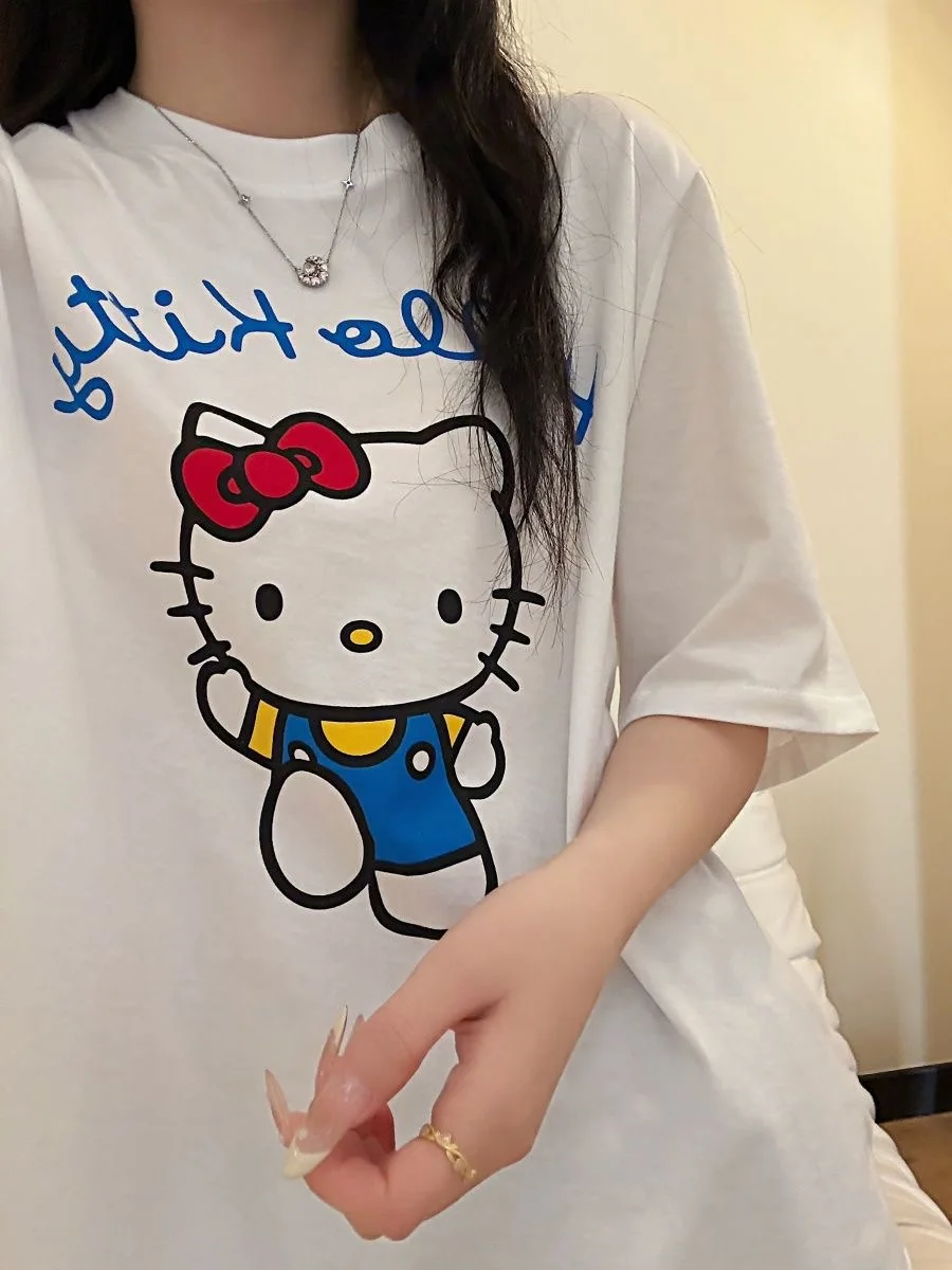 سانريو مرحبا كيتي منامة أنيمي الصيف المرأة الكرتون تي شيرت أبيض والسراويل الزرقاء دعوى لينة تنفس الملابس المنزلية #4