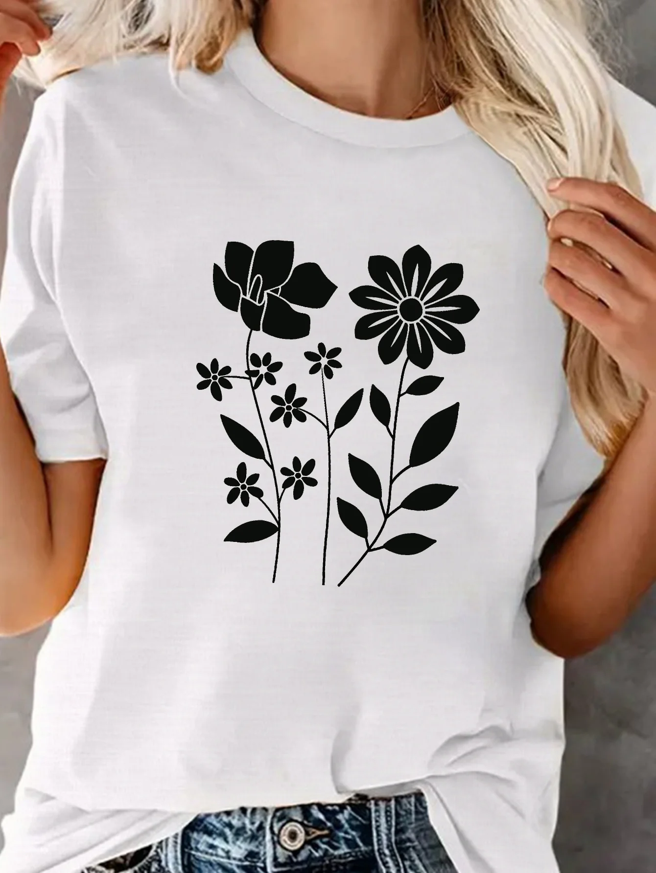 الأزهار طباعة جولة الرقبة تي شيرت الربيع والصيف عارضة قصيرة الأكمام تي شيرت الملابس النسائية الأزياء الجرافيك تي شيرت Y2K أعلى