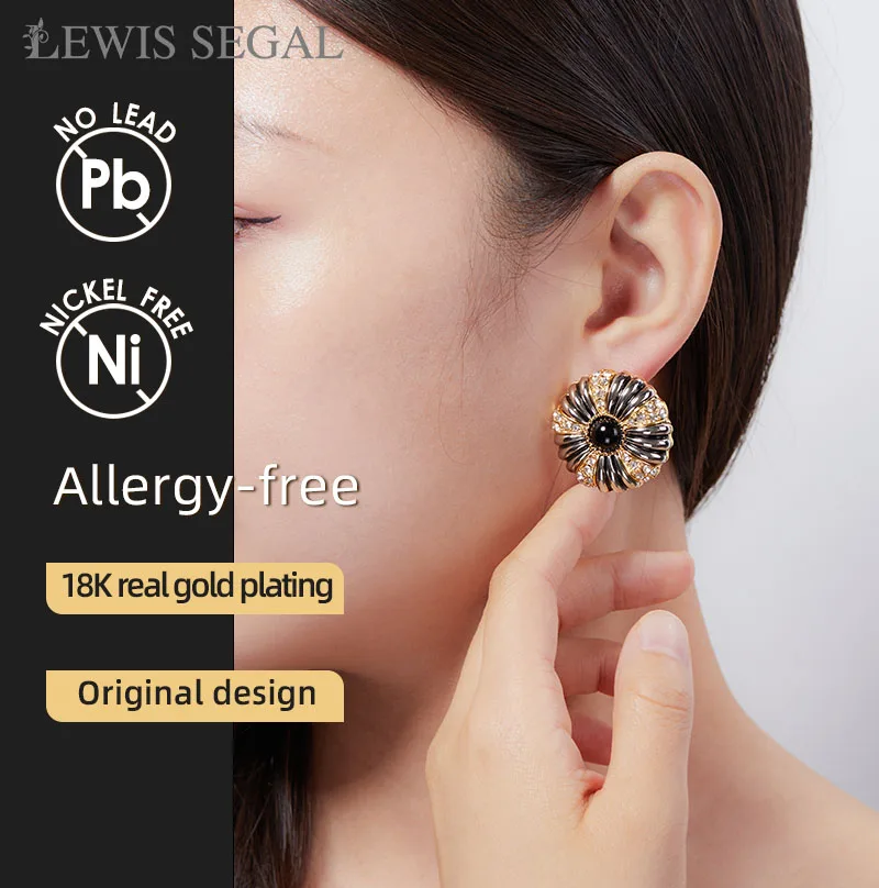 LEWIS SEGAL Exquisite Czech Diamond Onyx in Enamel Setting Stud Earring for Women 18K Gold Casual Party Daily Retro Fine Jewelry