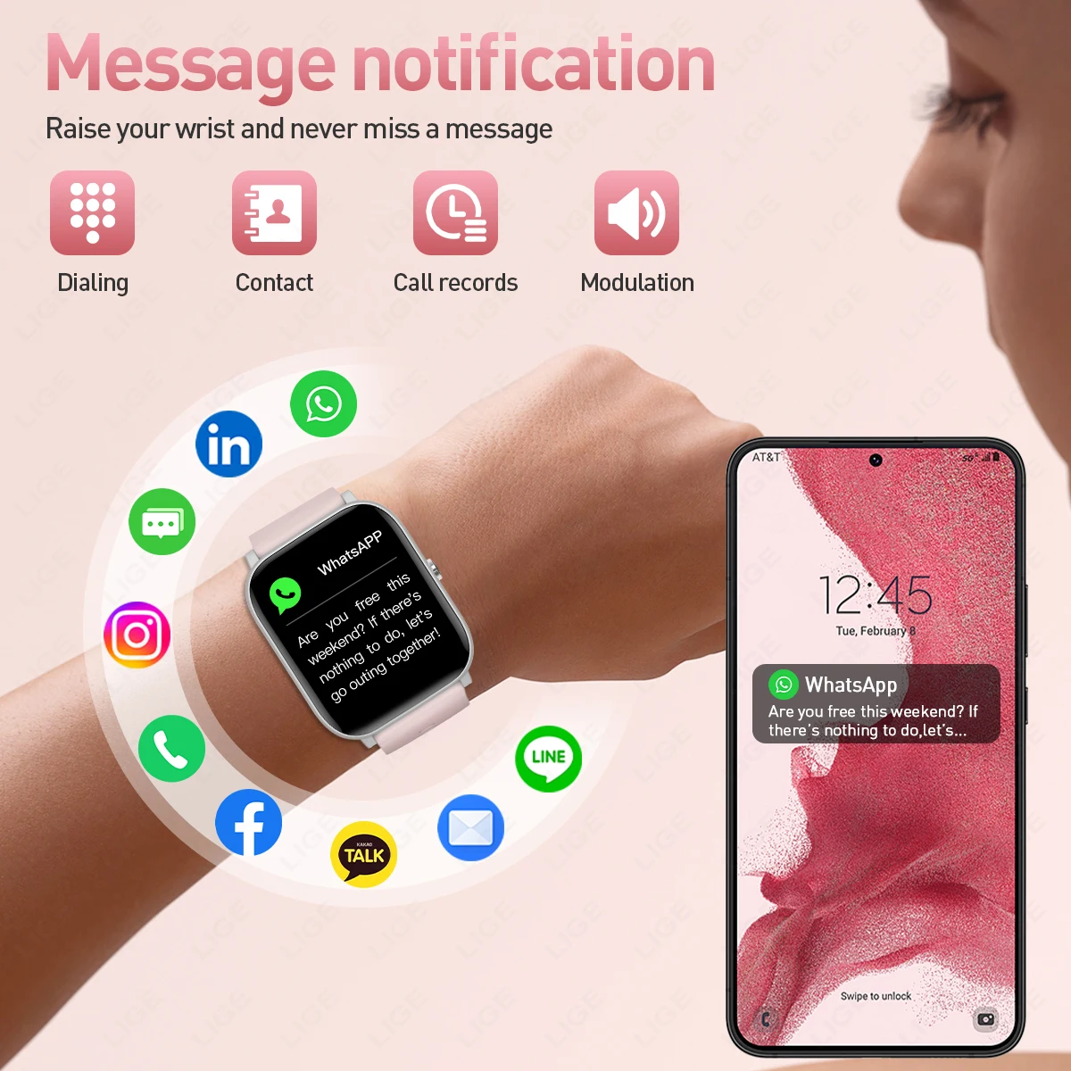 LIGE 1.85 "Full Touch Screen สมาร์ทนาฬิกาผู้หญิงไร้สายโทรผู้ชายผู้หญิงสร้อยข้อมือนาฬิกาที่กําหนดเอง Face Health Monitor สมาร์ทนาฬิกา