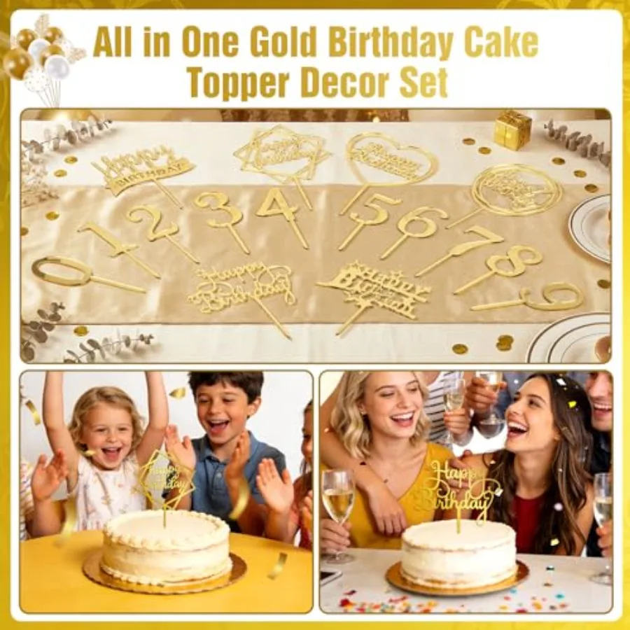 16 PCS Happy Birthday Cake Topper Set, Gold Cake Decoration, Acrylic Reusable Numbers Cake Cupcake Desserts Topper Double-Sided