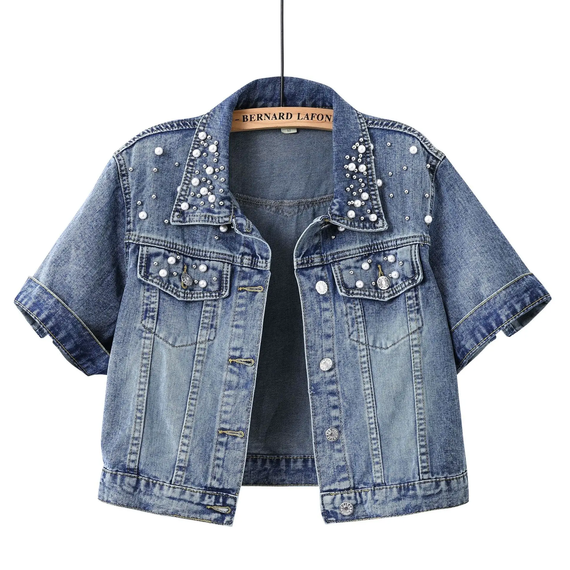 Women's Summer Heavy Industry Fashion Nail Bead Short Denim Jacket Trendy Loose Vintage Short Sleeve mid Sleeve Casual Top