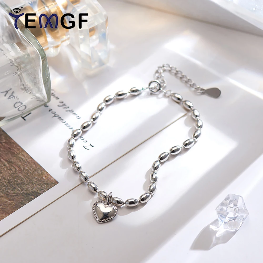 

TEMGF 925 Sterling Silver Bracelet Love Pendant Oval Bead Chain for Women Simple Fine Jewelry Romantic Holiday Gifts for Couples