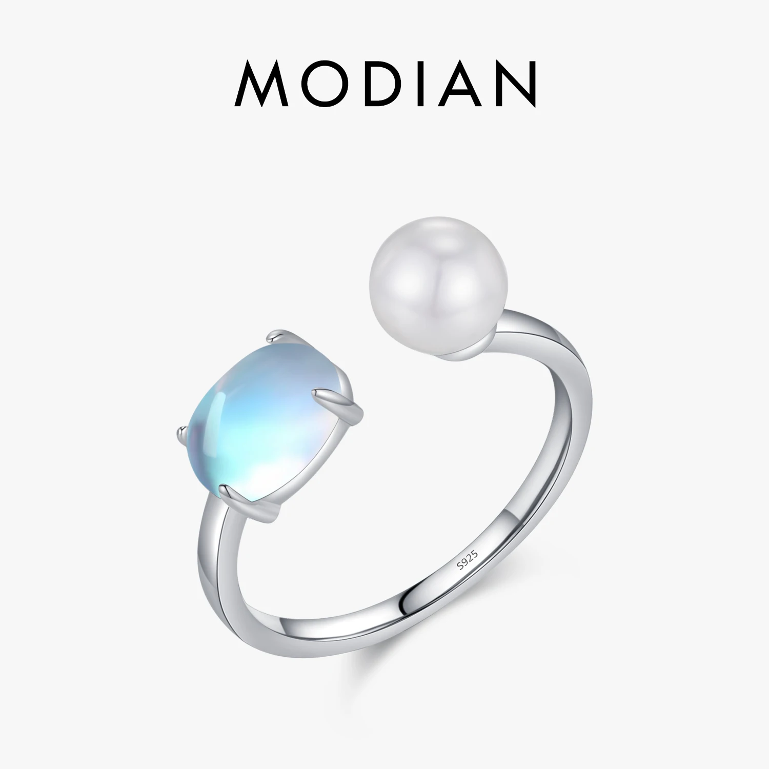 MODIAN 925 Sterling Silver Open Size Oval Moonstone Finger Ring Adjustable Pearl Rings For Women Fine Jewelry