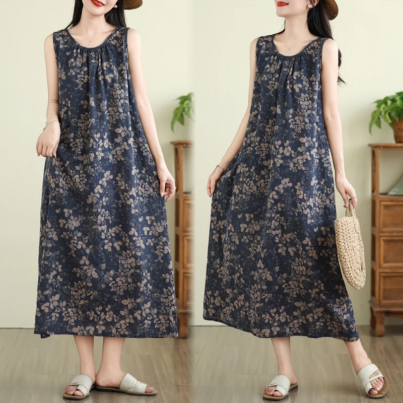 

Женское летнее платье-жилет из хлопка и льна с принтом, больших размеров, свободного кроя, стройнящее, длинное, А-силуэта, для повседневной носки