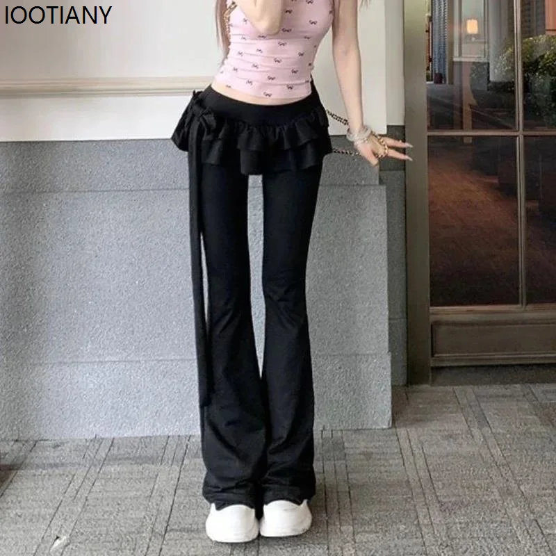 Y2k Bow Ruffled Flared Pants Female Low Waist Slim Fit Casual Skirt Pants Autumn Winter Street Style Cake Fake Two-piece Trouser
