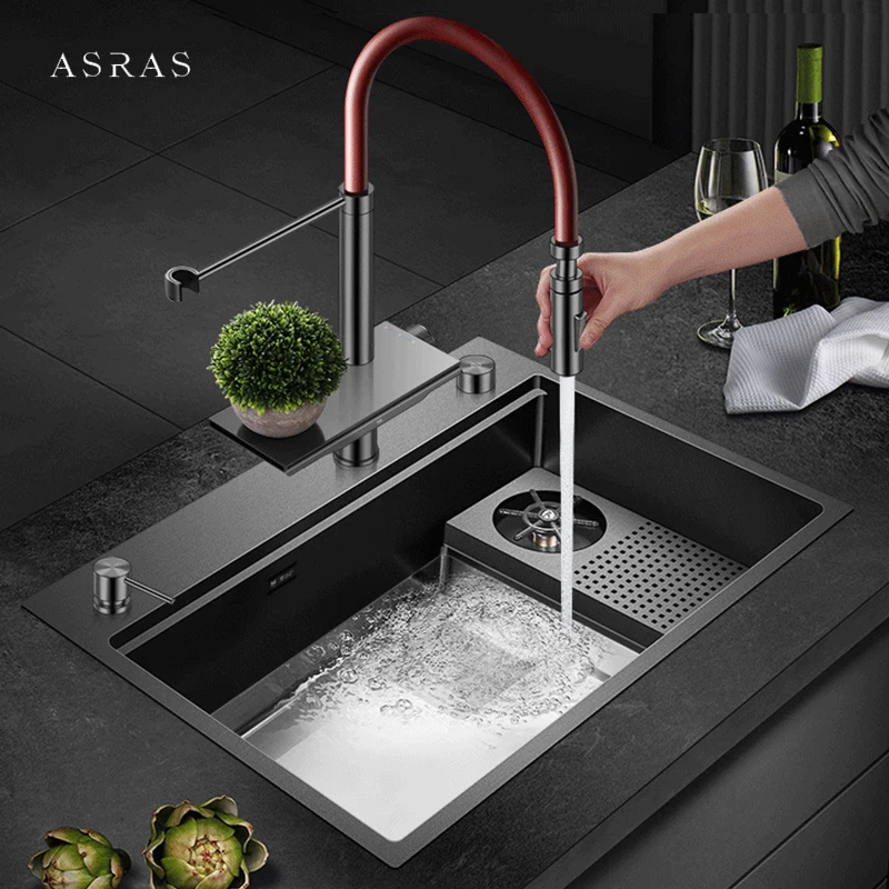 ASRAS Nanometro Sciacquatrice per tazze Lavelli da cucina Spessore 4mm Lavelli fatti a mano in acciaio inossidabile SUS 304 Rubinetto a cascata Lavelli da cucina