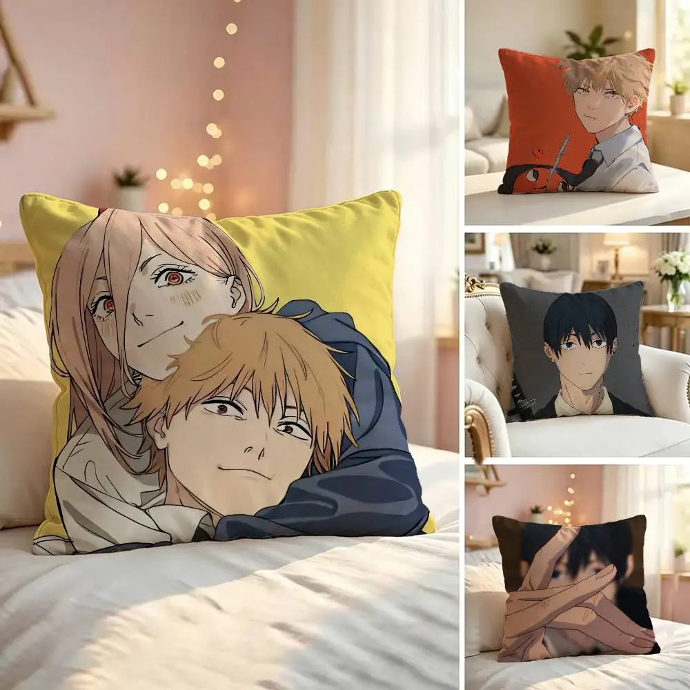 Anime C-Chainsaw Man Pillow Case Sofa Living Room for Bedroom Headboard Backrest Cushion Square Nap Time