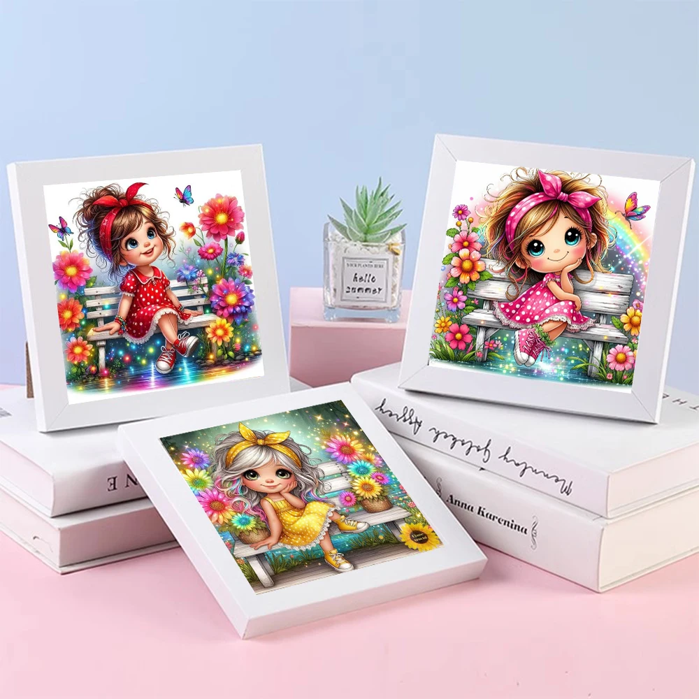 Cute Cartoon Girl Wearing Floral Skirt Diamond Painting Mosaic Kits Flower Rainbow Bench 5D Full Drills Embroidery Cross Stitch