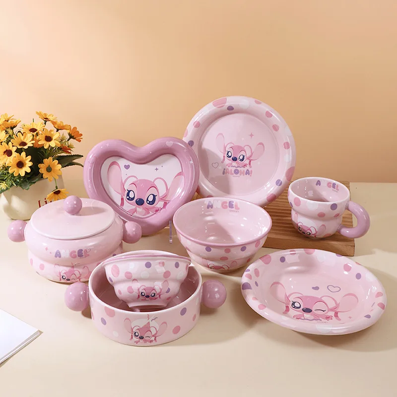 

Disney Stitch Angel Ceramic Bowl Set With Handles For Girls Instant Noodles Round Dish High Aesthetic Value Kitchen Tableware