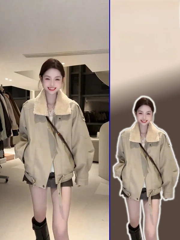 

plus Size Spring Autumn ort Collarl Fur Leather Jaet Women's Versatile Slimming Casual Sle Warm Thiened Zipper Top