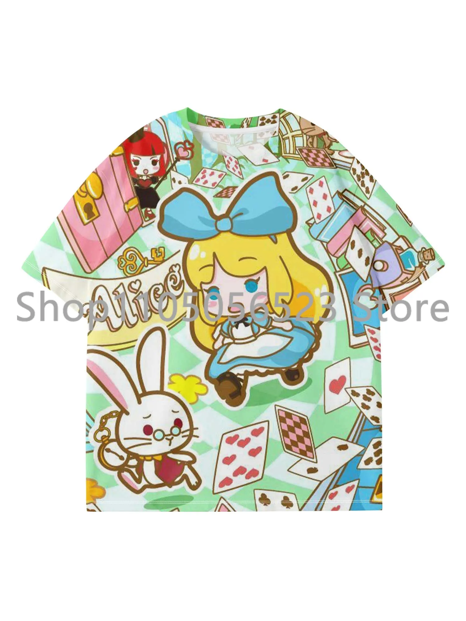 

2025 New Cute Alice in Wonderland Cartoon T-Shirt Children's Adult's Short Sleeve Casual T-Shirt Sports Shirt Quick Drying Tee