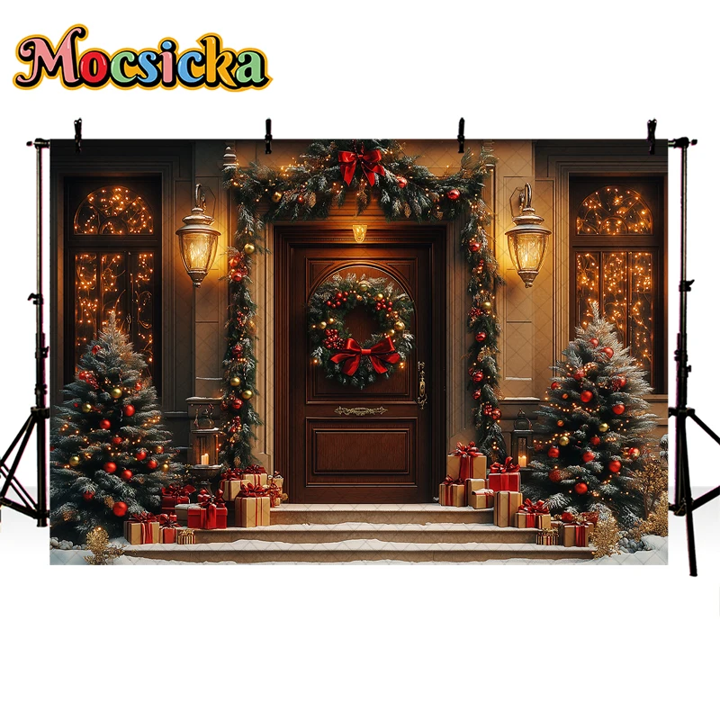 Mocsicka Christmas Backdrop Photography Wooden Door Winter Glitter Xmas Tree Decor Holiday Party Kids Portrait Photo Background