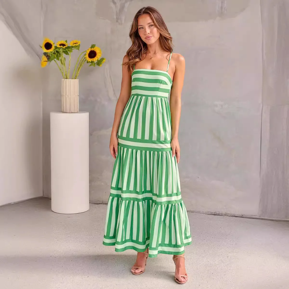 

New Fashion Women's Summer Long Dresses Ladies Striped Print Sexy Spaghetti Strap Sling Dress Beach Dress A Line Sundress