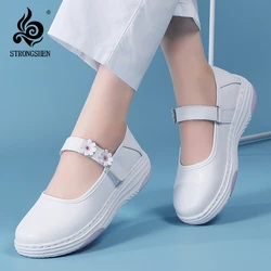 STRONGSHEN Genuine Leather Women Nurse Shoes Soft Soles Hollow Out Breathable Comfortable Non Slip Wedges White Ladies Loafers