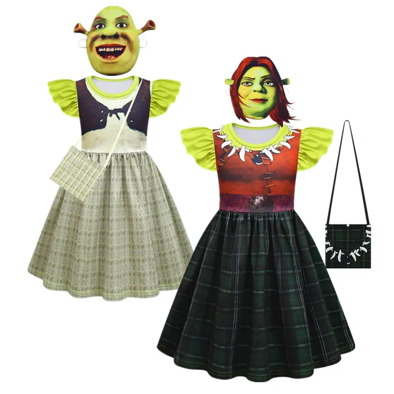 Fiona Shrek Girl Dress Halloween Children\'s Cartoon Fiona Shreks Clothes Cosplay Costume Kids Flying Sleeve Dress+bag+mask