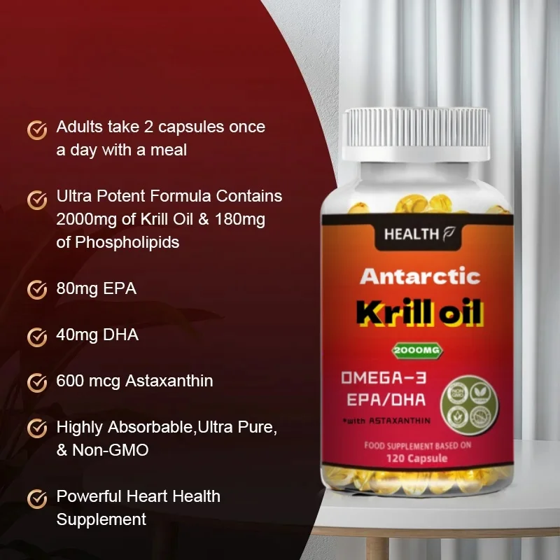 Antarctic Krill Oil Omega 3 Softgels 2000mg,with Phospholipids, Choline & Astaxanthin Sustainably Sourced, Non-GMO Verified