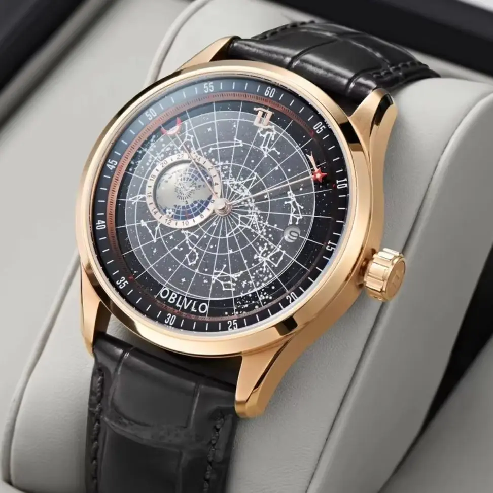 OBLVLO Men Automatic Watch 41mm Mechanical Wristwatch Waterproof Sapphire Mirror Luminous Rotate Constellation Dial Miyota Mov