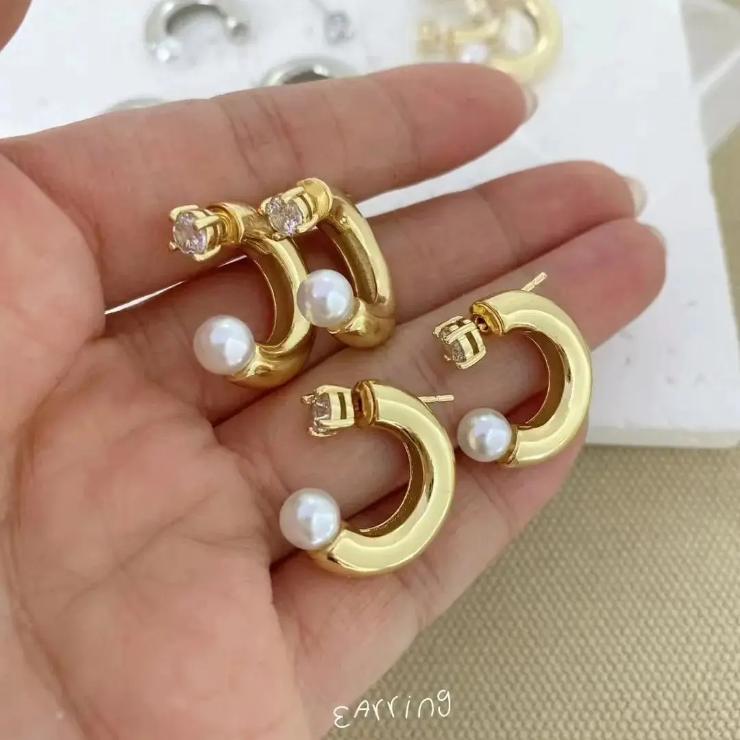 

5 Pairs, New C Studs Earrings For Women Gold Color Luxury Jewelry Small Pearl Circle Loop Pierced Female Earring